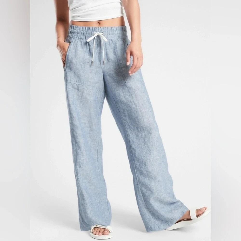 Athleta Cabo Linen Wide Leg Pant Chambray Blue Size 18 Coastal Vacation Resort